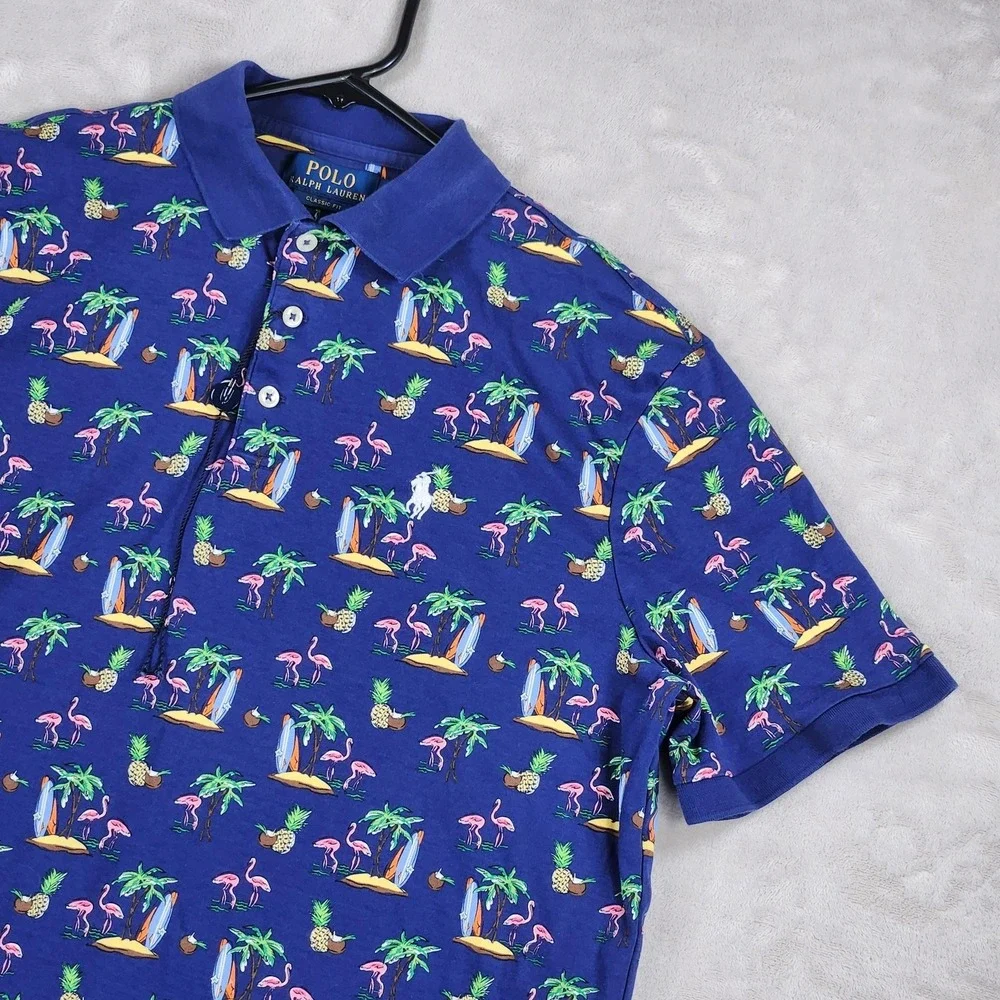 Polo Ralph Lauren Polo Shirt Mens Medium Blue Flamingo Tropical Print Beach